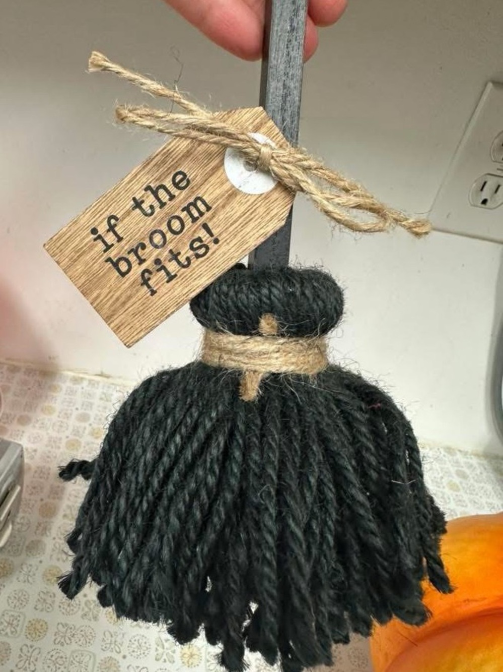 Black Decorative Broom with Twine Tag